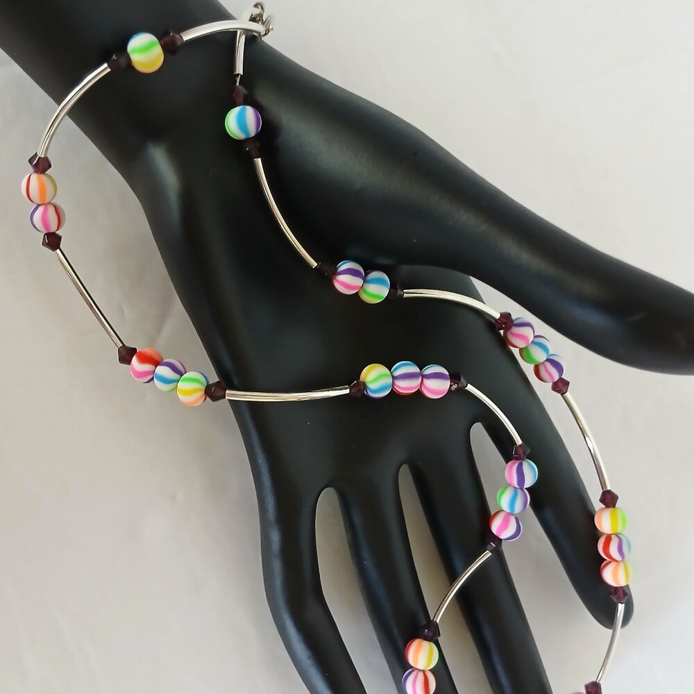 Handmade Rainbow Beaded Necklace With Silver Plated Tube Beads 22 Inches NWT